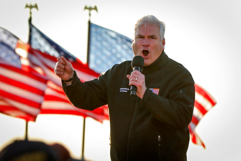 Rep. Tom Emmer (R-MN) addresses a crowd at a campaign rally on Oct. 30, 2020, in Rochester, Minnesota.