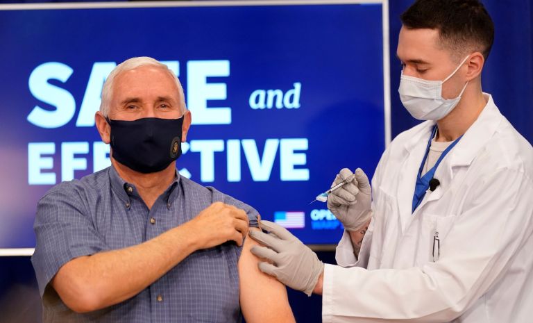 Vice President Mike Pence receives a Pfizer-BioNTech COVID-19 vaccine shot at the Eisenhower Executive Office Building on the White House complex