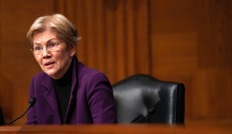 Sen. Elizabeth Warren, D-Mass., during a Senate Health, Education, Labor and Pensions Committee hearing on the nomination of Miguel Cardona to be Education Secretary on Capitol Hill, Wednesday, Feb. 3, 2021, in Washington.