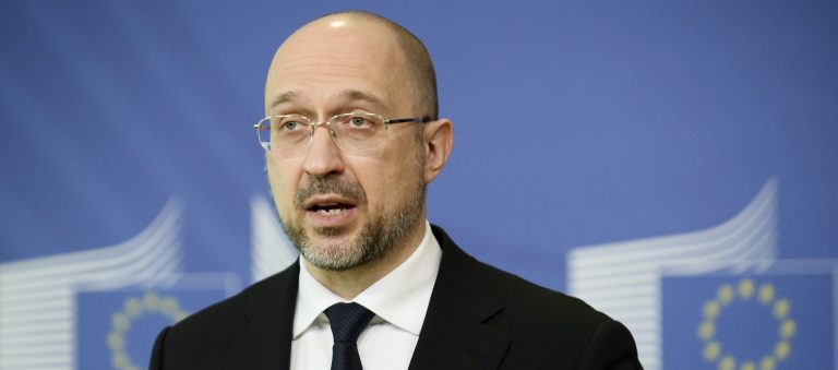 Ukraine's Prime Minister Denys Shmyhal speaks during a media conference at EU headquarters in Brussels, Wednesday, Feb. 10, 2021.