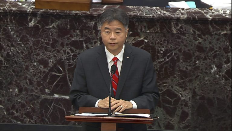 Rep. Ted Lieu (D-CA) is seen speaking during the second impeachment trial of former President Donald Trump in the Senate at the U.S. Capitol in Washington, Thursday, Feb. 11, 2021. 