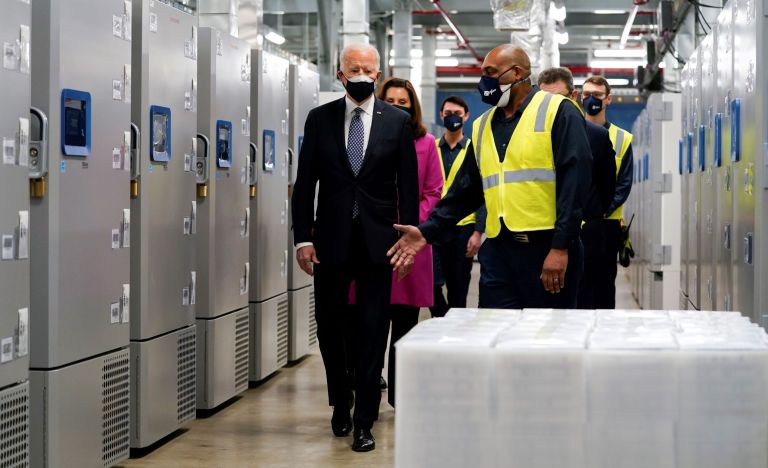 President Joe Biden tours a Pfizer manufacturing site, Friday, Feb. 19, 2021, in Portage, Mich. 