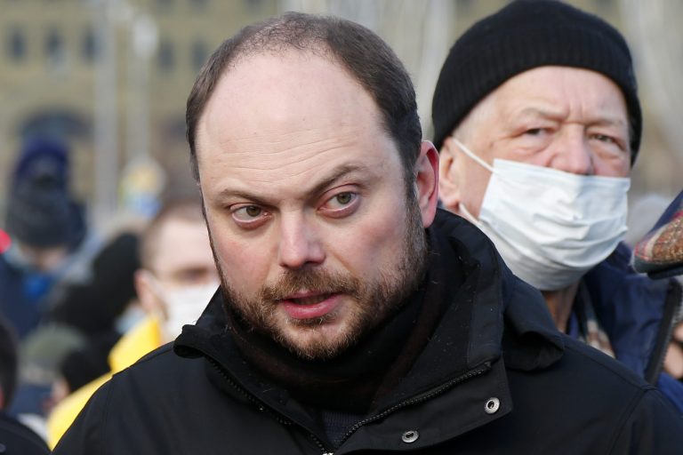 Vladimir Kara-Murza, a Russian opposition activist, prepares to lay flowers near the place where Russian opposition leader Boris Nemtsov was gunned down in Moscow on Feb. 27, 2021.