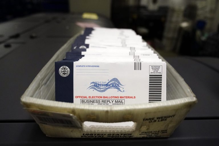 Mail-in ballots for the 2020 General Election in the United States are seen before being sorted at the Chester County Voter Services office in West Chester, Pa. A new study found mail-in voting was higher than in person voting.