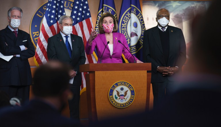 Speaker of the House Nancy Pelosi, D-Calif., joined from left by Ways and Means Committee Chairman Richard Neal, D-Mass., Budget Committee Chairman John Yarmuth, D-Ky., and Majority Whip James Clyburn, D-S.C., holds a news  conference ahead of the vote on the Democratsâ $1.9 trillion COVID-19 relief bill, at the Capitol in Washington, Tuesday, March 9, 2021.