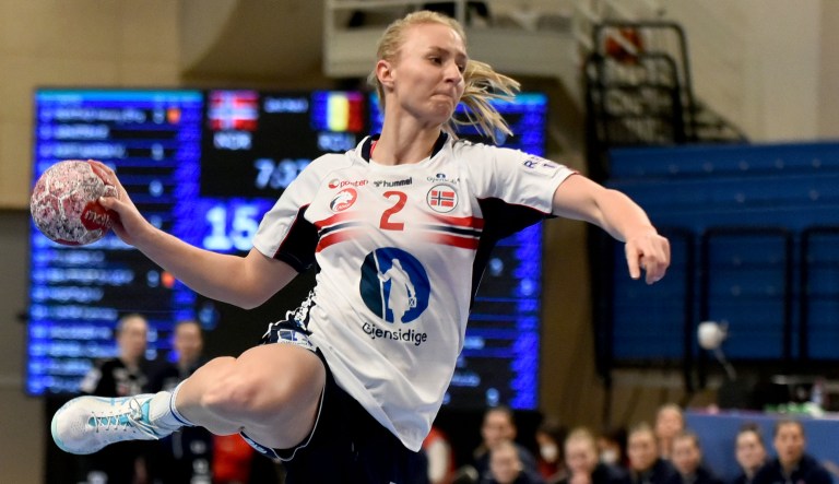 Norway's Henny Ella Reistad tries to score during the women's handball Olympic qualifying match between Norway and Romania in Podgorica, Montenegro, Saturday, March 20, 2021.