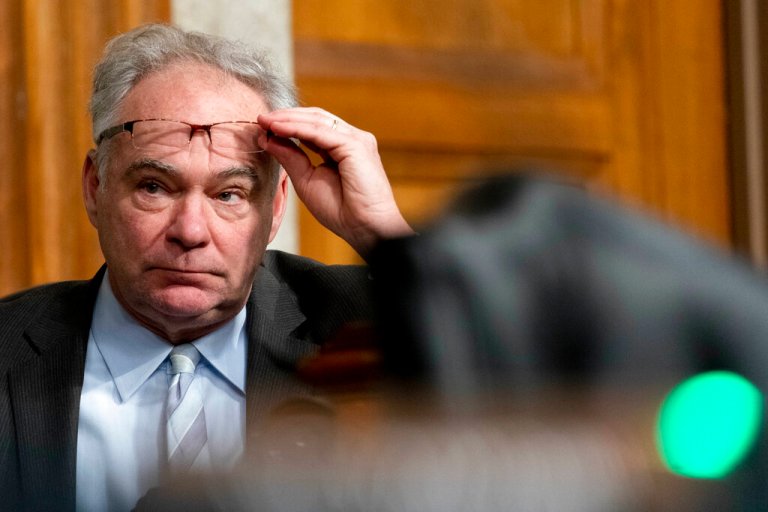 Sen. Tim Kaine, D-Va., pauses while speaking during a hearing to examine United States Special Operations Command and United States Cyber Command in review of the Defense Authorization Request for fiscal year 2022 and the Future Years Defense Program, on Capitol Hill, Thursday, March 25, 2021, in Washington. 