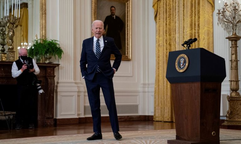 President Joe Biden walks away from the podium as he speaks during a news conference in the East Room of the White House, Thursday, March 25, 2021, in Washington.