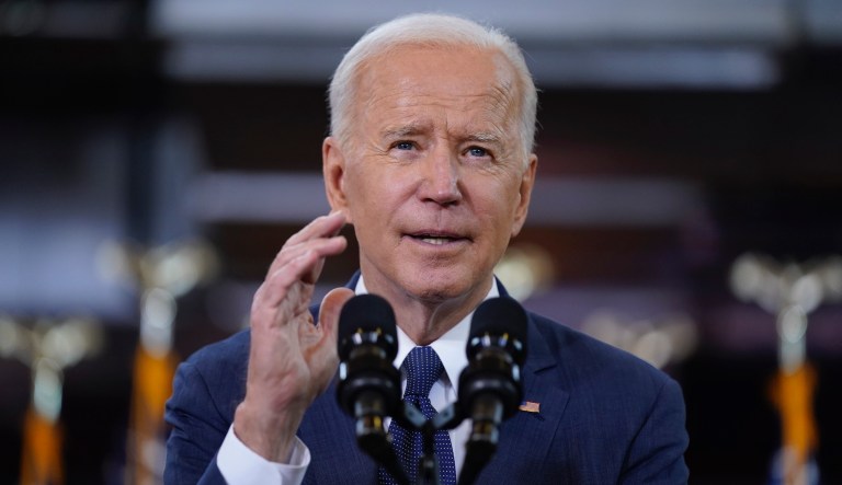 In this March 31, 2021, file photo President Joe Biden delivers a speech on infrastructure spending at Carpenters Pittsburgh Training Center in Pittsburgh.