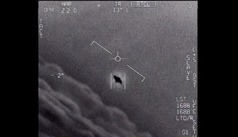 The image from video provided by the Department of Defense labelled Gimbal, from 2015, an unexplained object is seen at center as it is tracked as it soars high along the clouds, traveling against the wind. âThere's a whole fleet of them,â one naval aviator tells another, though only one indistinct object is shown. âIt's rotating.