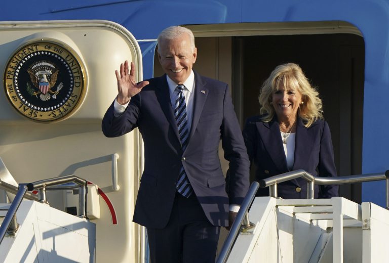 US President Joe Biden and First Lady Jill Biden arrive aboard Air Force One.