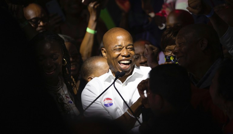 Mayoral candidate Eric Adams mingles with supporters during his election night party, late Tuesday, June 22, 2021, in New York.