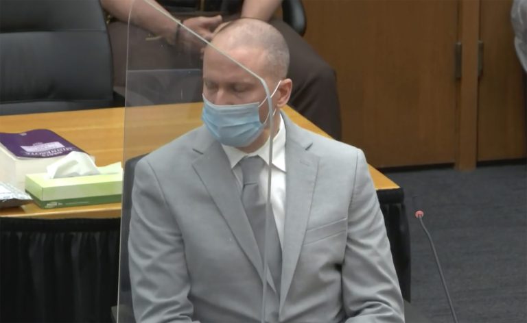 In this screen grab from a video, former Minneapolis police officer Derek Chauvin is seen during victim impact statements as Hennepin County Judge PeterÂ Cahill presides over the sentencing on June 25, 2021, in Minneapolis.