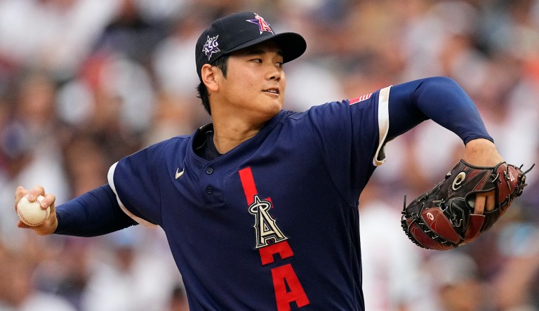 American League's starting pitcher Shohei Ohtani, of the Los Angeles Angeles, throws during the first inning of the MLB All-Star baseball game, Tuesday, July 13, 2021, in Denver.