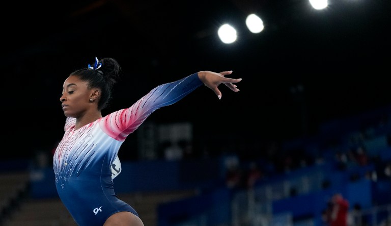 Simone Biles, of the United States, performs on the balance beam during the artistic gymnastics women's apparatus final at the 2020 Summer Olympics, Tuesday, Aug. 3, 2021, in Tokyo, Japan.