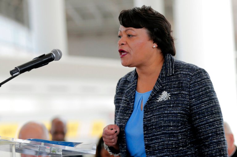 In this Nov. 5, 2019, photo, New Orleans Mayor Latoya Cantrell speaks at a ribbon-cutting ceremony for the newly built main terminal of the Louis Armstrong New Orleans International Airport in Kenner, La. Cantrell announced Thursday, Aug. 12, 2021, that people who want to go into bars, restaurants, gyms, music halls or other indoor venues in New Orleans will soon have to show proof of vaccination against the coronavirus or a recent negative test. 
