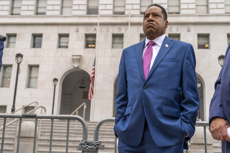 In this Sept. 2, 2021, file photo, is gubernatorial candidate and radio talk show host Larry Elder during a campaign stop outside the Hall of Justice in downtown Los Angeles. 