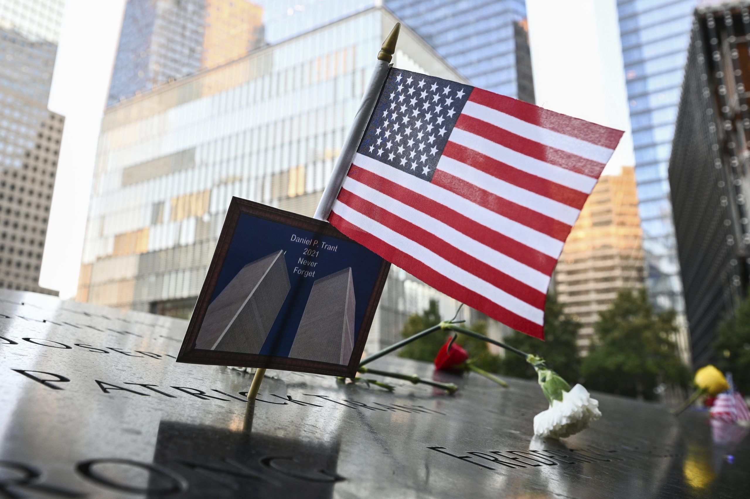 A US flag is placed at the National September 11 Memorial & Museum in New York.