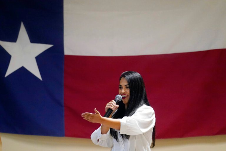 In this Wednesday, Sept. 22, 2021, photo Republican congressional candidate Mayra Flores speaks at a Cameron County Conservatives event in Brownsville, Texas.  (AP Photo/Eric Gay)