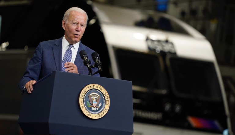 President Joe Biden delivers remarks at NJ Transit Meadowlands Maintenance Complex to promote his 