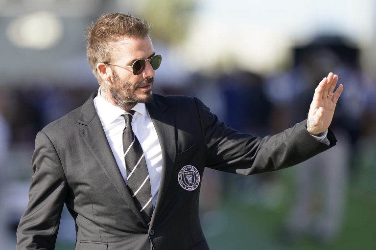 David Beckham, part owner and President of Soccer Operations for Inter Miami, waves to fans, Saturday, Oct. 30, 2021, after an MLS soccer match against the New York City FC in Fort Lauderdale, Fla. 