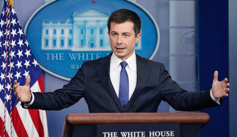 Transportation Secretary Pete Buttigieg speaks during the daily briefing at the White House in Washington, Monday, Nov. 8, 2021.