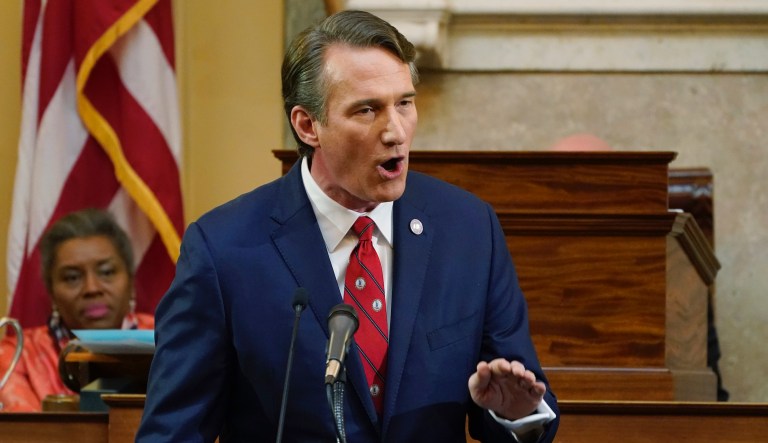 Virginia Gov. Glenn Youngkin gestures as he delivers his Stte of the Commonwealth address before a joint session of the Virginia General Assembly in the House chambers at the Capitol  Monday Jan. 17, 2022, in Richmond, Va.