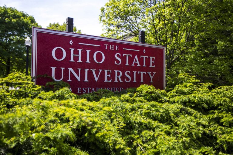 FILE - This May 8, 2019, file photo, shows a sign for Ohio State University in Columbus, Ohio. (AP Photo/Angie Wang, File)