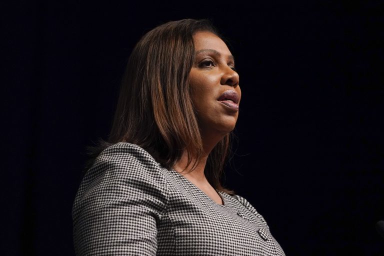 New York State Attorney General Letitia James speaks during the New York State Democratic Convention in New York, Thursday, Feb. 17, 2022. 