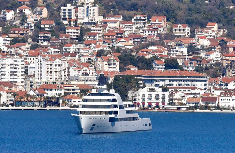 A view of Russian metals and petroleum magnate Roman Abramovich's superyacht Solaris anchored in Tivat, Montenegro, Saturday, March 12, 2022. (AP Photo/Risto Bozovic)