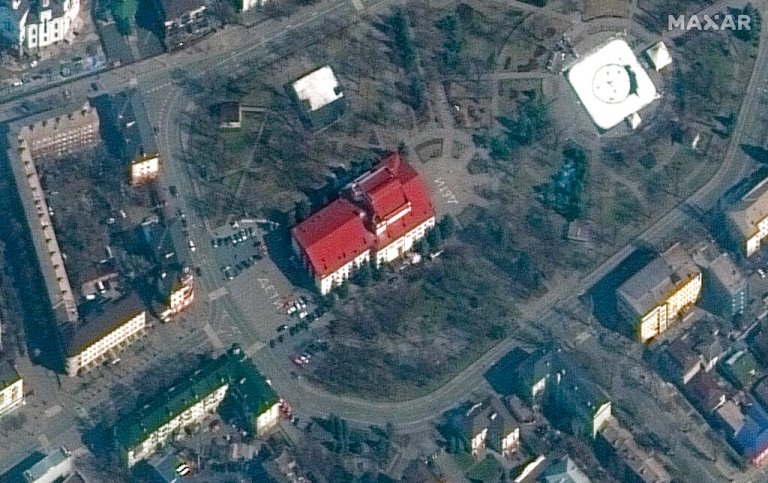 This satellite image provided by Maxar Technologies shows the Mariupol Drama Theater in Mariupol, Ukraine on Monday, March 14, 2022.
