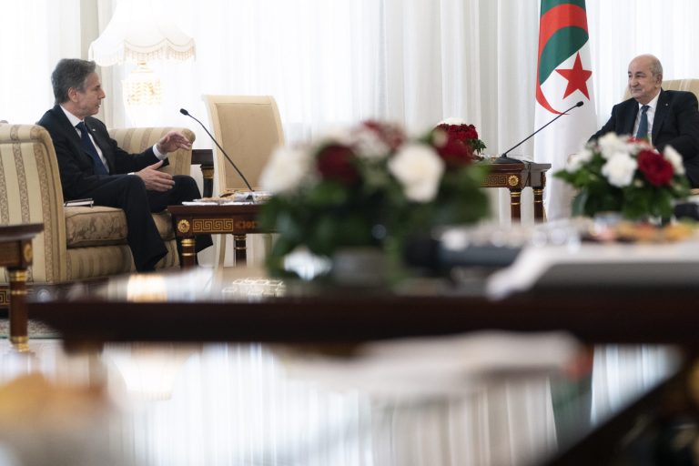 U.S. Secretary of State Antony Blinken, left, talks with Algerian President Abdelmadjid Tebboune on March 30 at El Mouradia Palace in Algiers. 