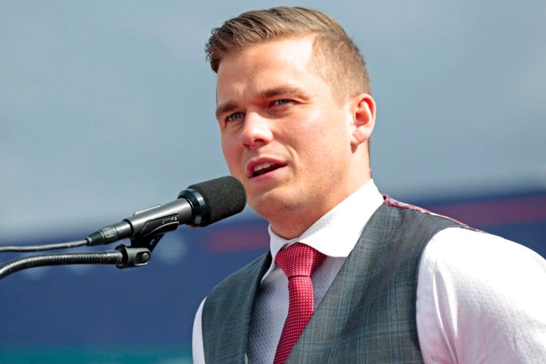 Rep. Madison Cawthorn, a Republican from North Carolina, speaks to the crowd before former President Donald Trump takes the stage at a rally on April 9, 2022, in Selma, North Carolina.