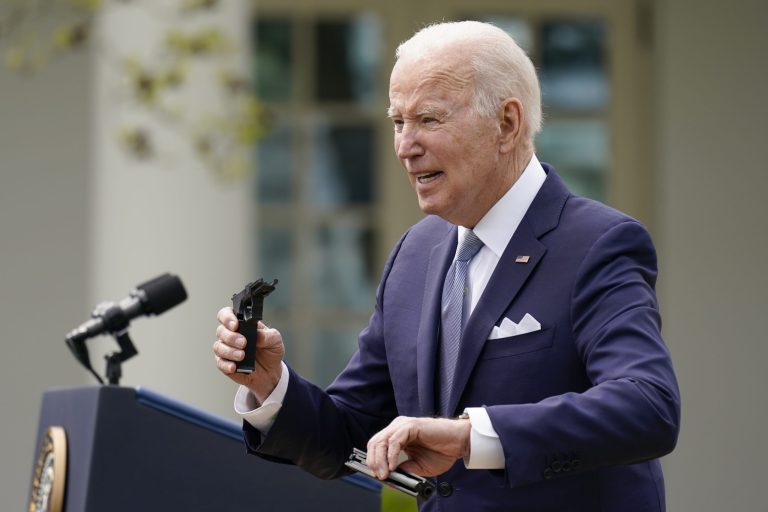 President Joe Biden and Deputy Attorney General Lisa Monaco speak in the Rose Garden of the White House in Washington, Monday, April 11, 2022, to announce a final version of its ghost gun rule, which comes with the White House and the Justice Department under growing pressure to crack down on gun deaths.