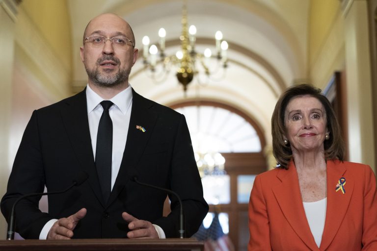 Ukraine's Prime Minister Denys Shmyhal, left, speaks while meeting with Speaker of the House Nancy Pelosi of California, Thursday, April 21, 2022, at the Capitol in Washington.