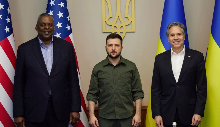 From left, Defense Secretary Lloyd Austin, Ukrainian President Volodymyr Zelensky, and Secretary of State Antony Blinken pose for a picture in Kyiv.