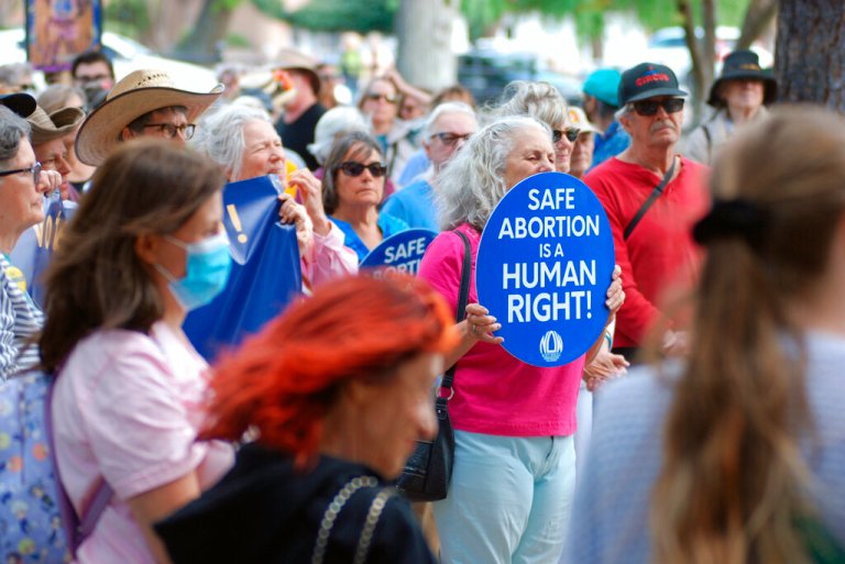Protesters gather at a rally in support of abortion rights outside a federal courthouse in Santa Fe, N.M., on Tuesday, May 3, 2022. 