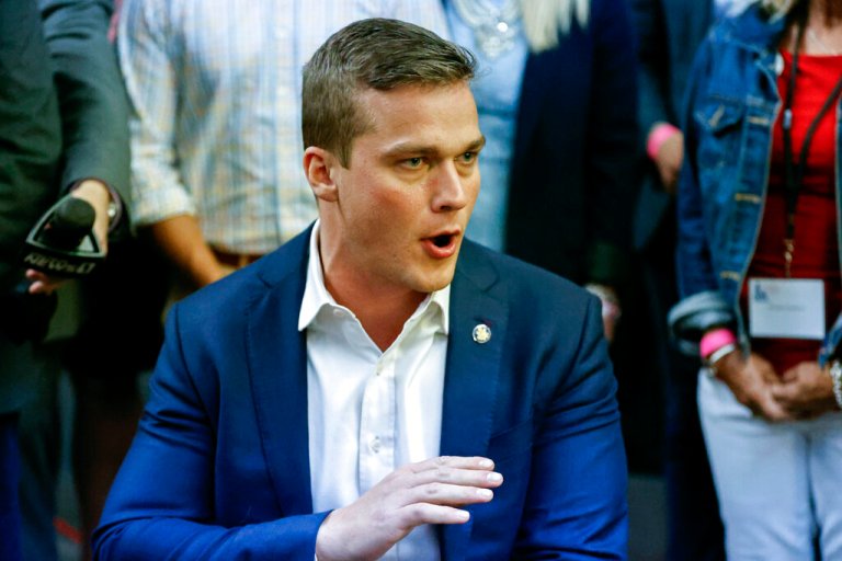 U.S. Rep. Madison Cawthorn, R-N.C., speaks to supporters and the media at his primary election night watch party in Hendersonville, N.C., Tuesday, May 17, 2022. 