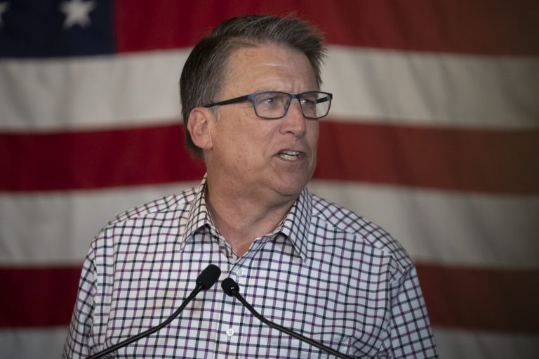 Republican candidate for Senate, former Gov. Pat McCrory, delivers a concession speech to voters, Tuesday, May 17, 2022, in Charlotte, North Carolina.