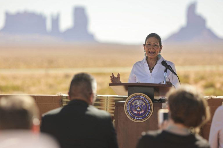 U.S. Interior Secretary Deb Haaland speaks during a signing ceremony for theÂ Navajo Utah Water Rights Settlement Act at the Navajo Welcome Center in Oljato-Monument Valley, Utah, on Friday, May 27, 2022.