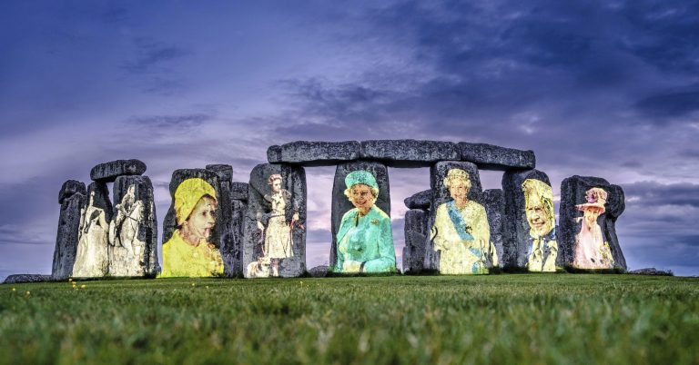 Images of Britain's Queen Elizabeth II from each decade of her reign are projected on Stonehenge on Salisbury Plain in Wiltshire, England, to mark her Platinum Jubilee. 