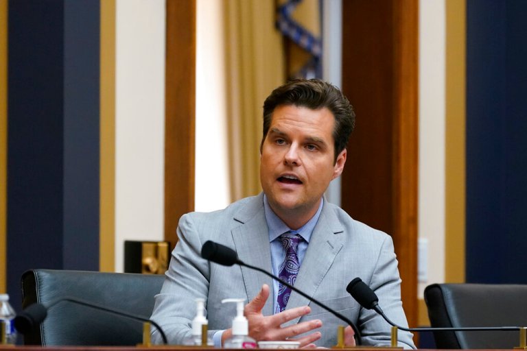 Rep. Matt Gaetz, R-Fla., makes a point from the Republican side as the House Judiciary Committee holds an emergency meeting to advance a series of Democratic gun control measures, called the Protecting Our Kids Act, in response to mass shootings in Texas and New York, at the Capitol in Washington, Thursday, June 2, 2022. 