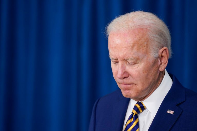 President Joe Biden pauses as he answers a reporter's question about Ukraine after speaking about the May jobs report, Friday, June 3, 2022, in Rehoboth Beach, Delaware. 