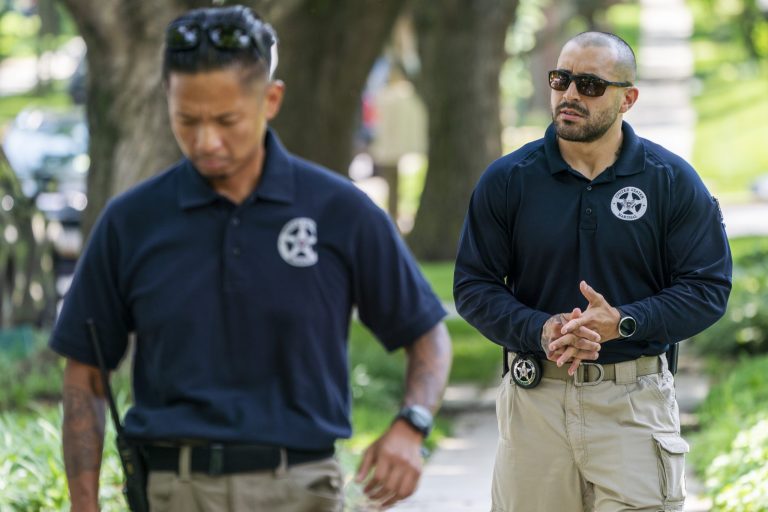 U.S. Marshals patrol outside the home of Supreme Court Justice Brett Kavanaugh, in Chevy Chase, Md., Wednesday, June 8, 2022. Police say Nicholas Roske, the man accused of the Kavanaugh break-in plot, had texted his sister before his surrender. (AP Photo/Jacquelyn Martin)