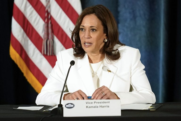 Vice President Kamala Harris speaks with local Central Florida community leaders on Thursday, July 14, 2022, in Orlando, Fla. Harris shared an ad attacking several Republican men who are celebrating the overturn of Roe v. Wade. (AP Photo/John Raoux)