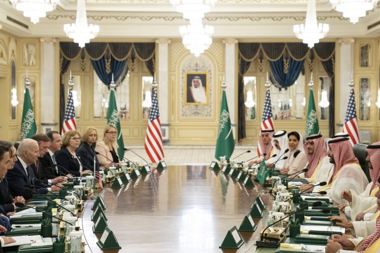 President Joe Biden participates in a working session with Saudi Crown Prince Mohammed bin Salman at the Al Salman Royal Palace on July 15, 2022, in Jeddah.