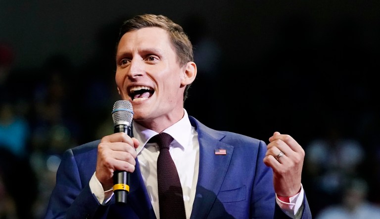 Blake Masters, who ran for Senate in 2024, speaks at a Save America rally Friday, July 22, 2022, in Prescott, Arizona.
