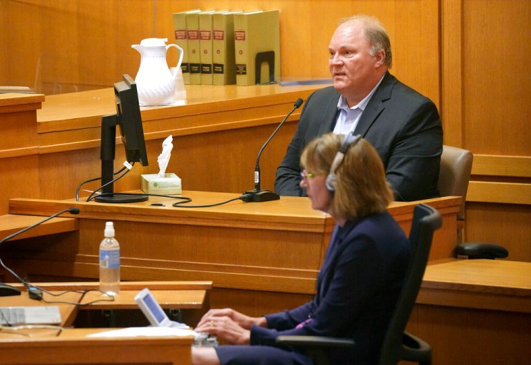 Former Wisconsin Supreme Court Justice Michael Gableman, an investigator hired by Republicans to look into former President Donald Trump's 2020 loss in the battleground state, takes the stand, Friday, June 10, 2022, at the Dane County Courthouse in Madison, Wisconsin.
