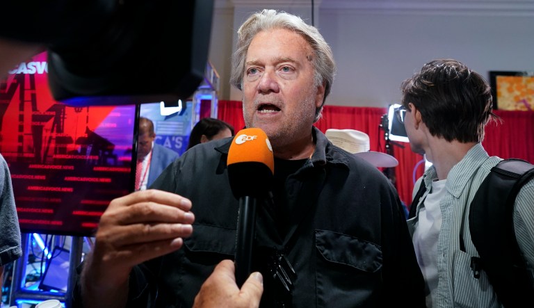 Steve Bannon speaks to the media at the Conservative Political Action Conference in Dallas.