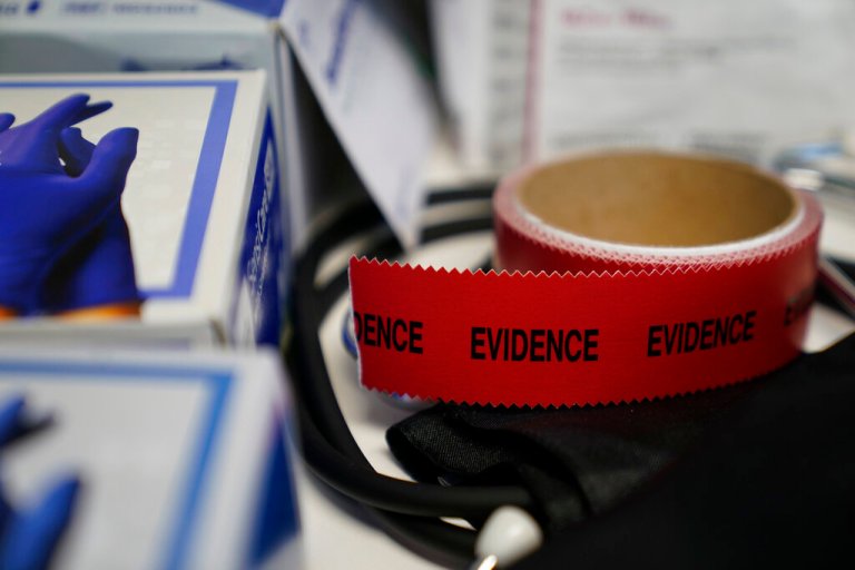 Evidence tape is seen with a Sexual Assault Evidence Collection Kit in an examination room, Wednesday, Aug. 31, 2022, in Austin, Texas. After a Texas law banning abortions past about six weeks, even in cases of rape or incest, went into effect a year ago, Gov. Greg Abbott said the state would strive to 